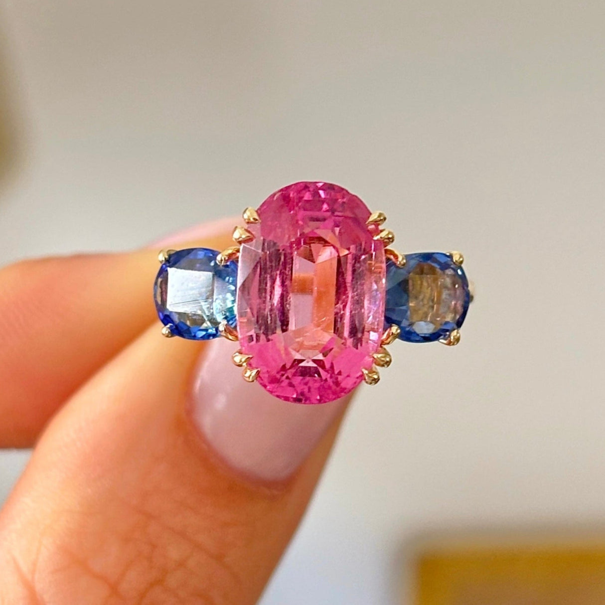 Vintage, 1980s pink tourmaline & sapphire three-stone ring