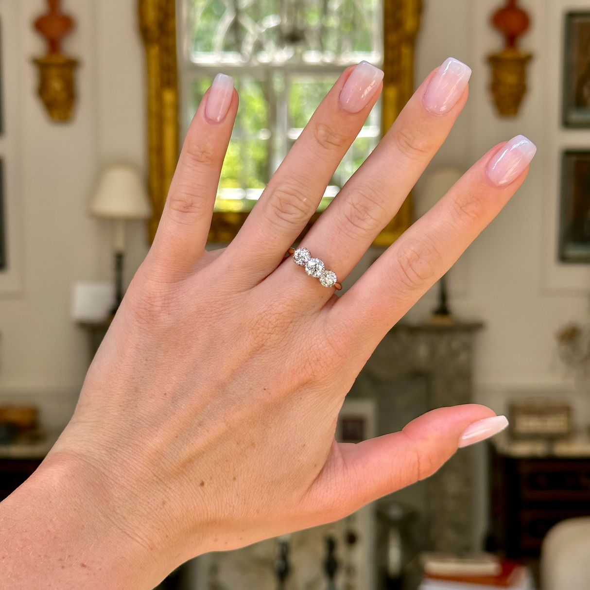 Edwardian, three stone 1.75ct diamond engagement ring, 18ct yellow gold