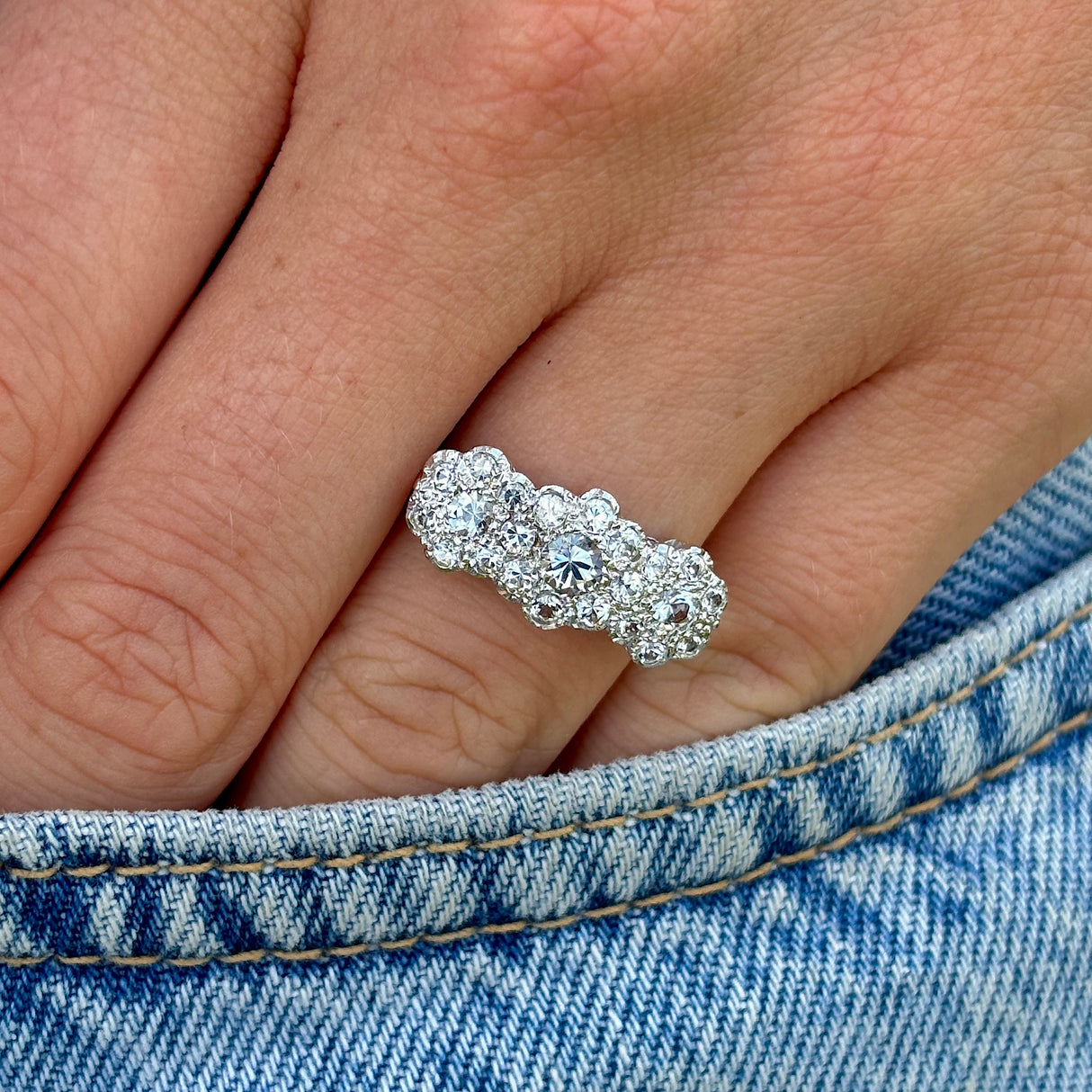 Vintage, 1970s cubic zirconia triple cluster ring front