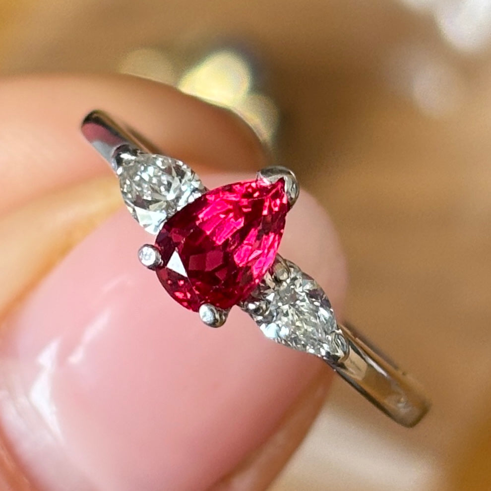 Vintage, red spinel & diamond three-stone ring