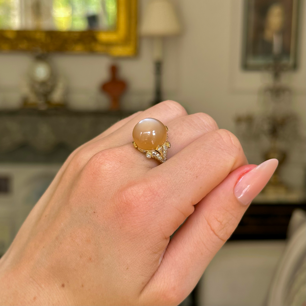 Belle Époque, cabochon peach moonstone & diamond ring