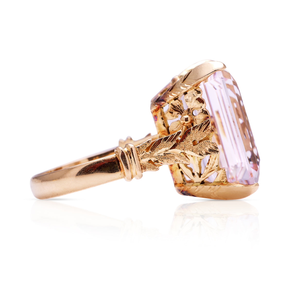Morganite cocktail ring, side view.
