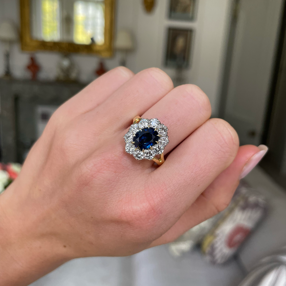 Vintage, blue sapphire & diamond cluster engagement ring, 18ct yellow gold