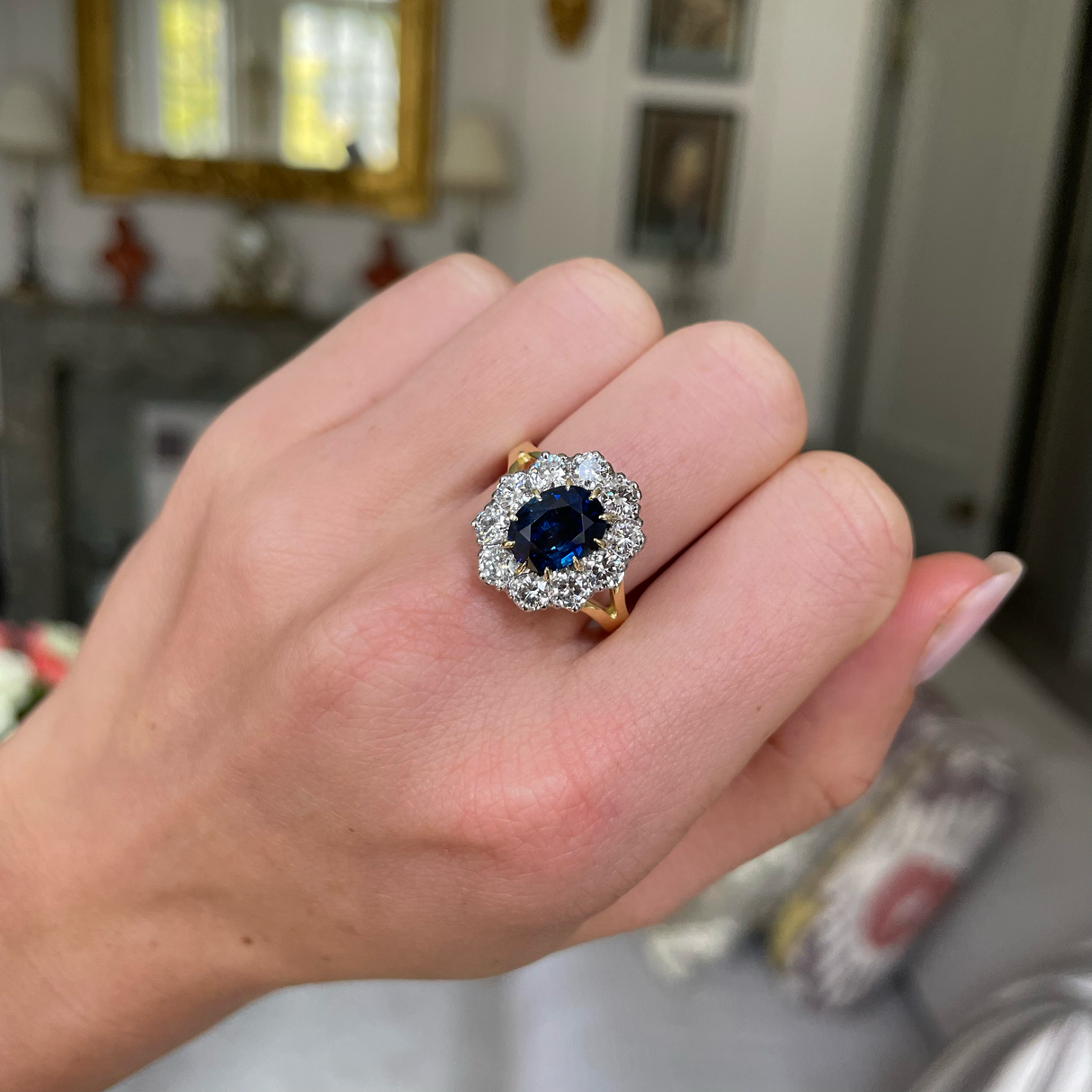 Vintage, royal blue sapphire & diamond cluster engagement ring