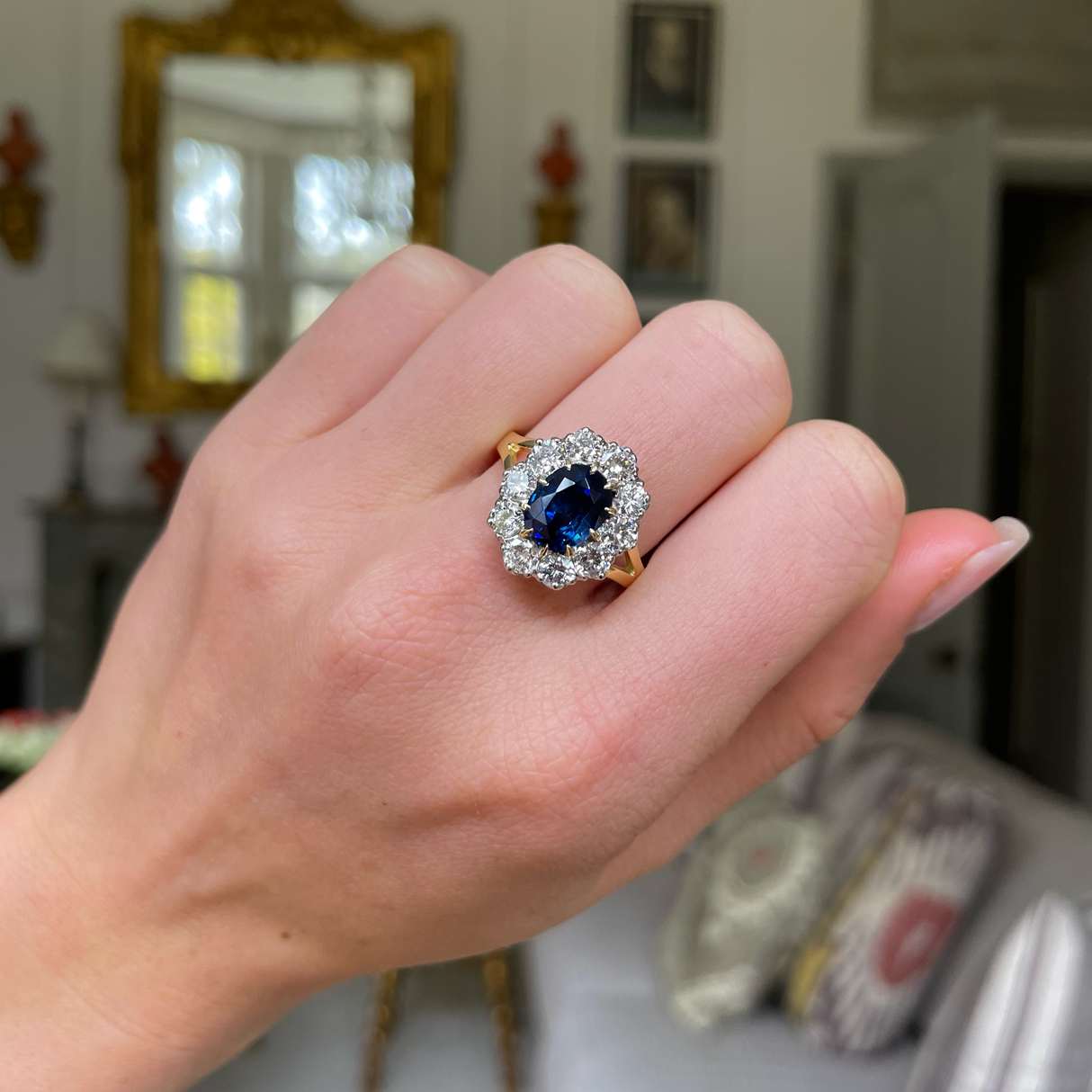 Vintage, blue sapphire & diamond cluster engagement ring, 18ct yellow gold