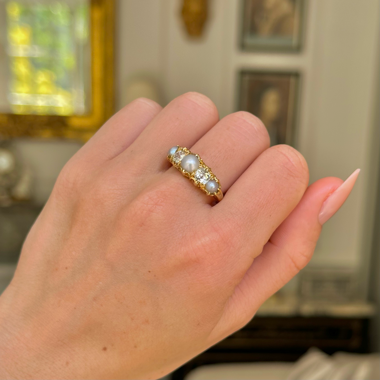 Victorian, pearl and diamond five stone half hoop ring, 18ct yellow gold
