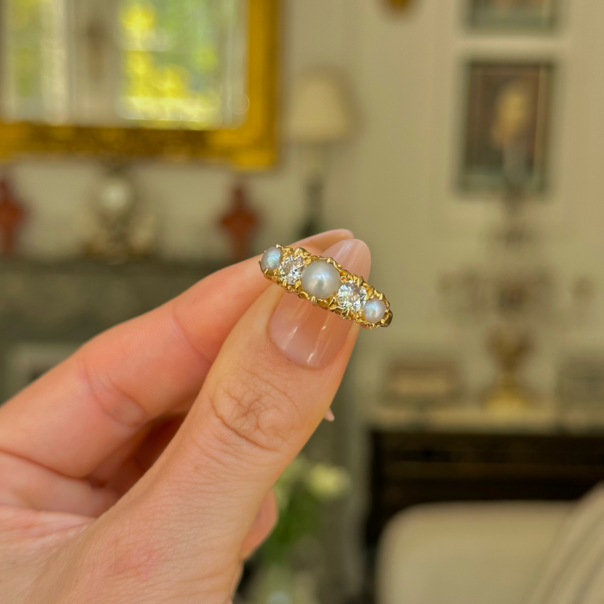 Victorian, pearl and diamond five stone half hoop ring, 18ct yellow gold