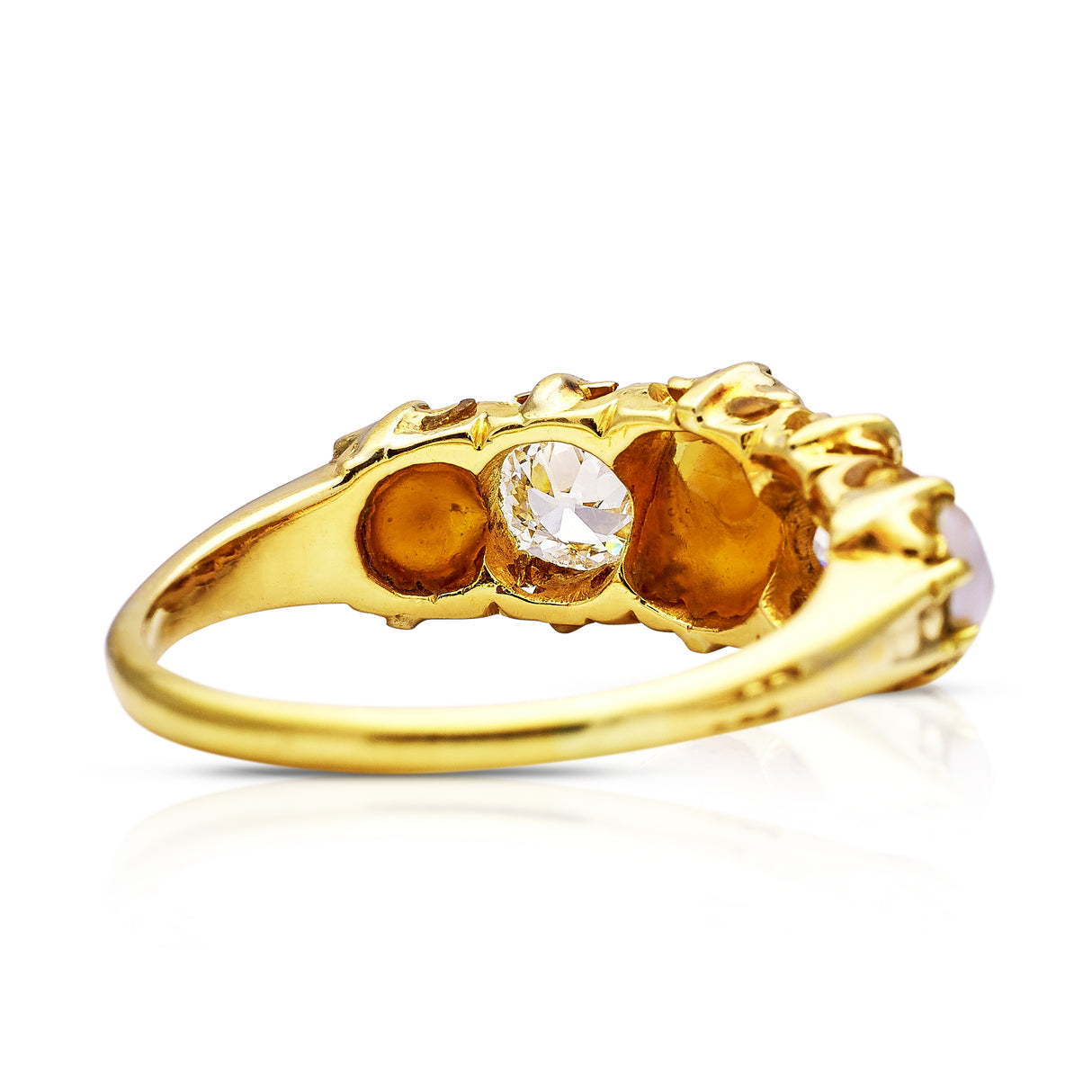 Victorian, pearl and diamond five stone half hoop ring, 18ct yellow gold