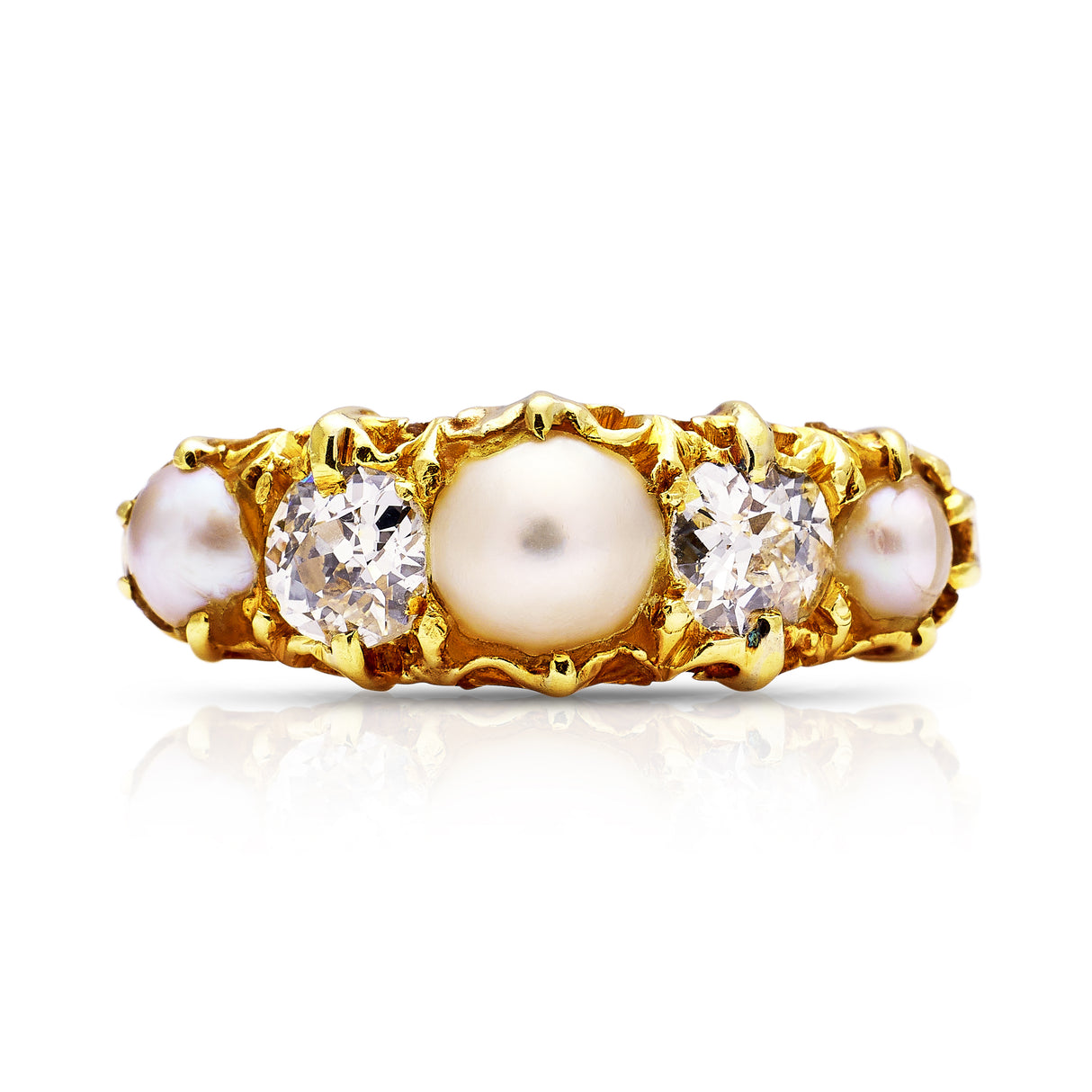 Victorian, pearl and diamond five stone half hoop ring, 18ct yellow gold