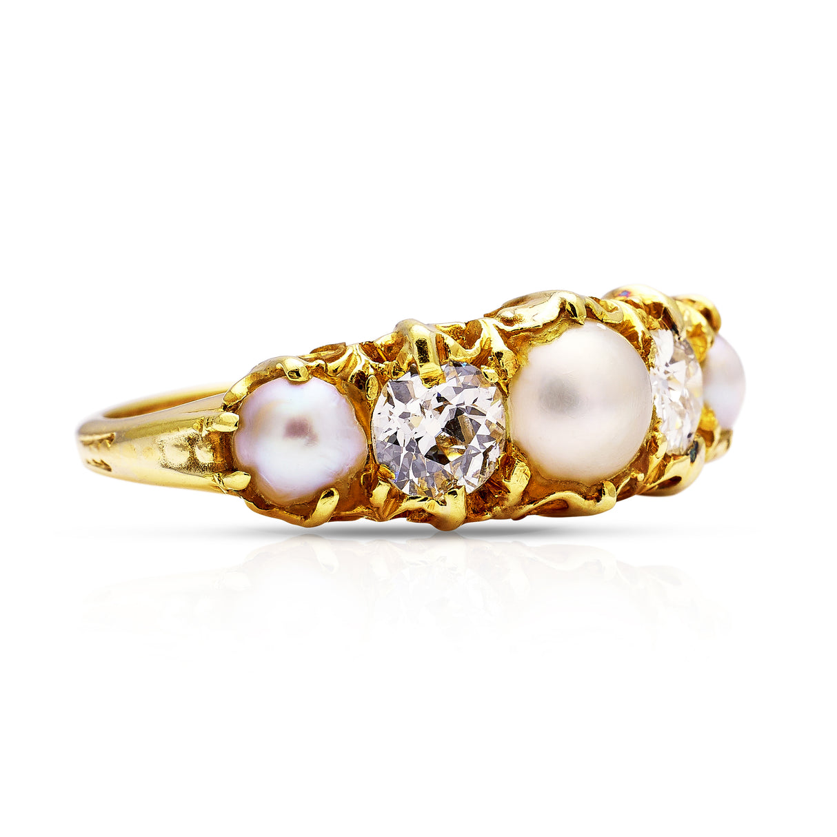 Victorian, pearl and diamond five stone half hoop ring, 18ct yellow gold
