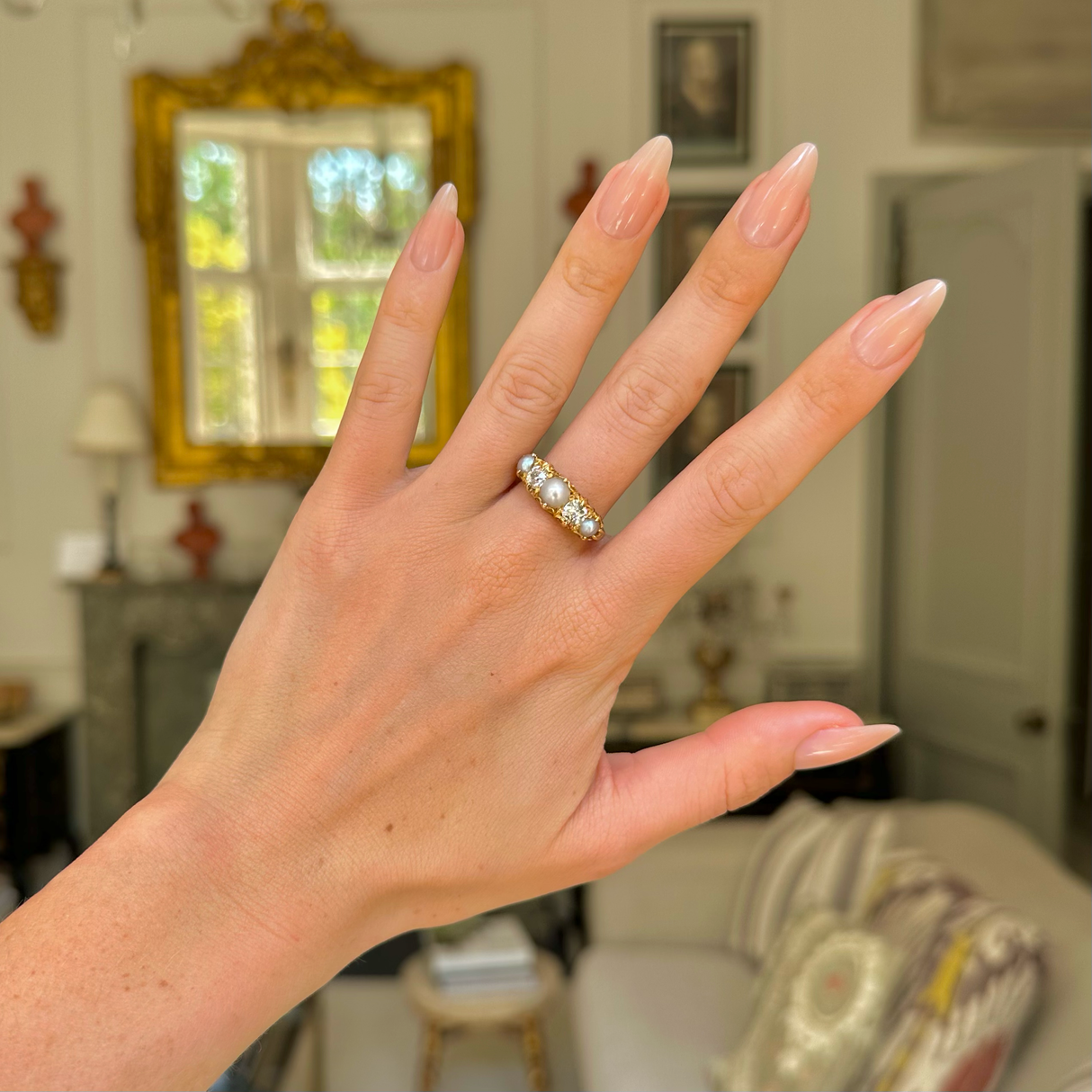 Victorian, pearl and diamond five stone half hoop ring, 18ct yellow gold