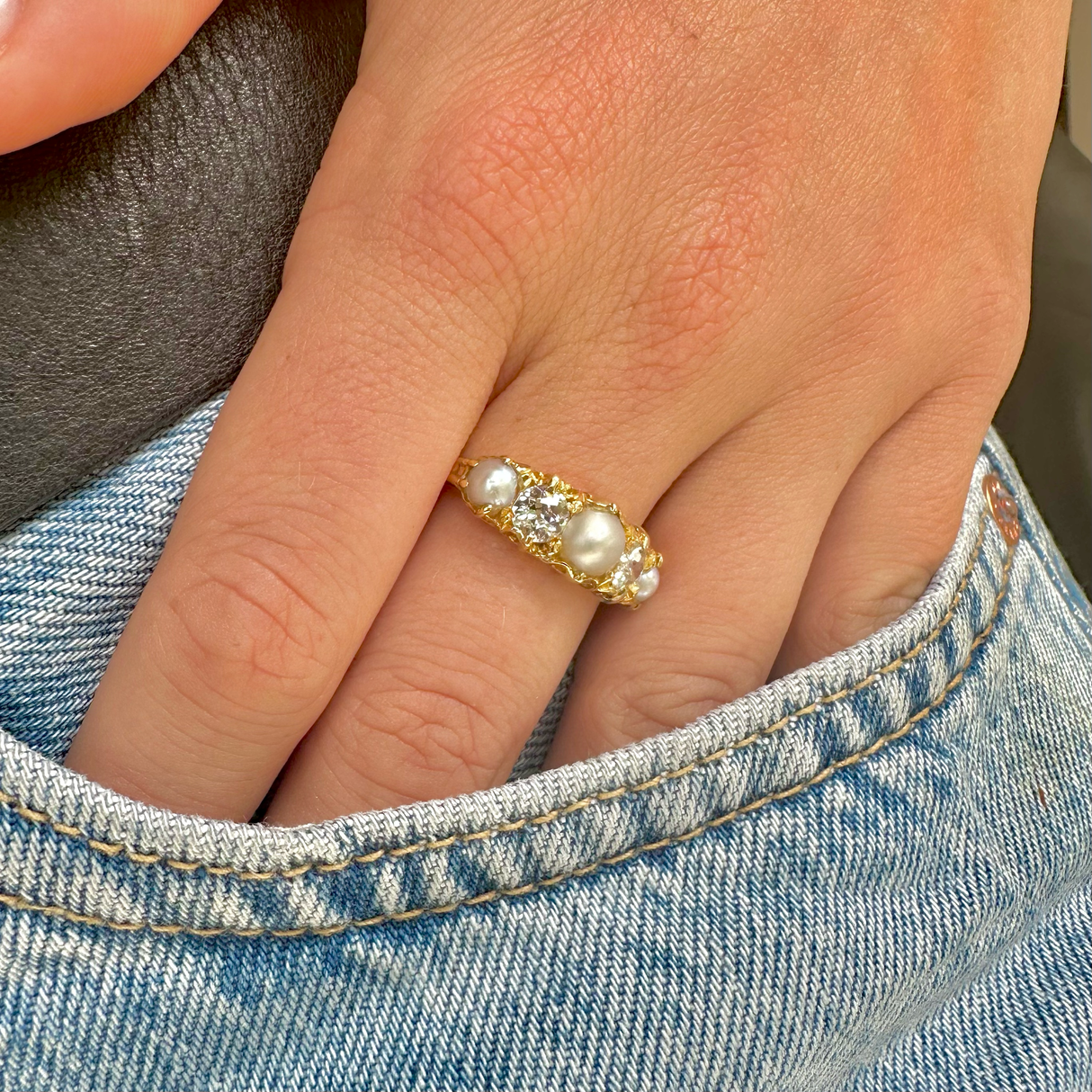 Victorian, pearl and diamond five stone half hoop ring, 18ct yellow gold