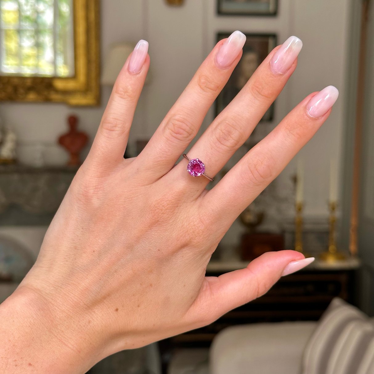 Antique, Edwardian, sri lankan 2.88ct pink sapphire solitaire ring, silver