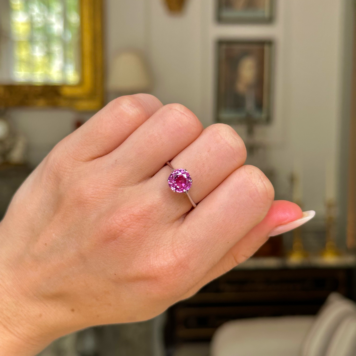 Antique, Edwardian, sri lankan 2.88ct pink sapphire solitaire ring, silver