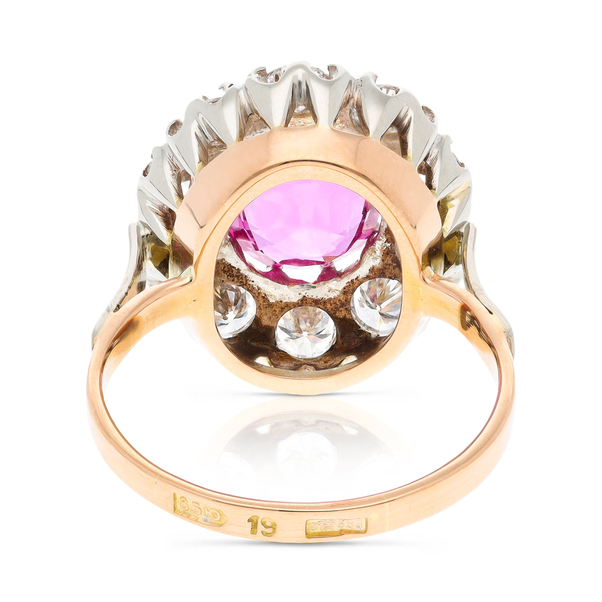 Pink sapphire and diamond cluster ring, rear view.