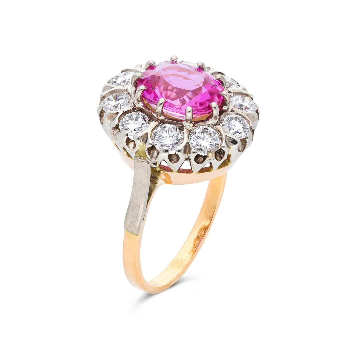 pink sapphire and diamond cluster ring, side view.