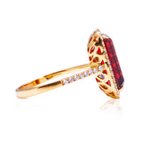 Red garnet and diamond cluster ring, side view