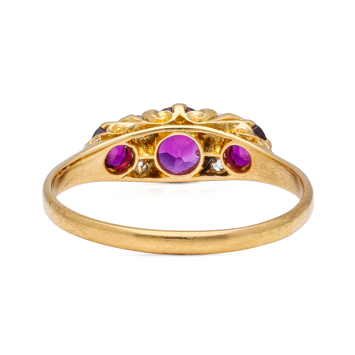Antique Edwardian three stone ruby and diamond ring, rear view.