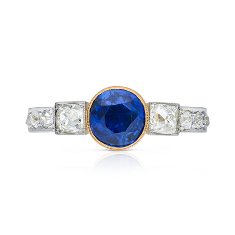 Art Deco sapphire and diamond engagement ring, front view. 