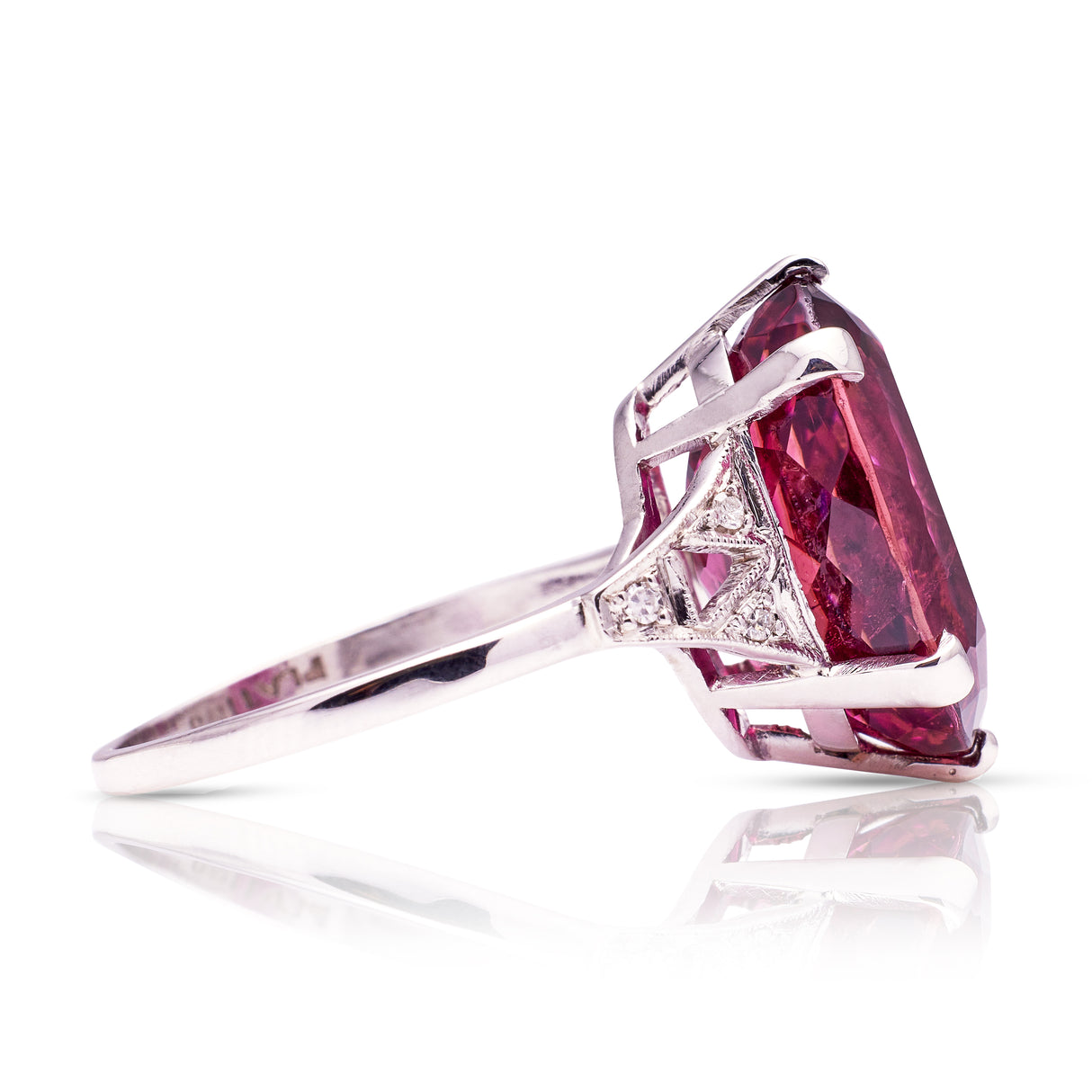 rubellite red tourmaline art deco ring, side view.