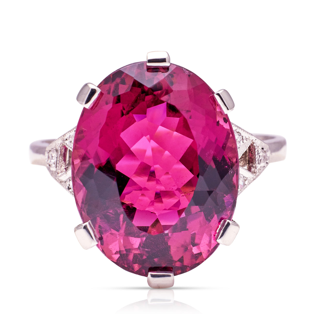 rubellite red tourmaline art deco ring, front view.