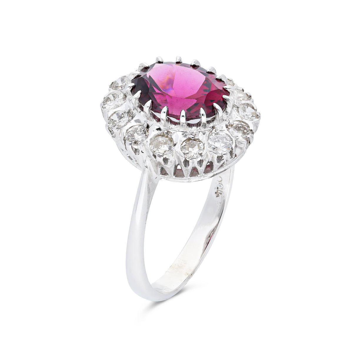 red tourmaline and diamond cluster ring, side view.