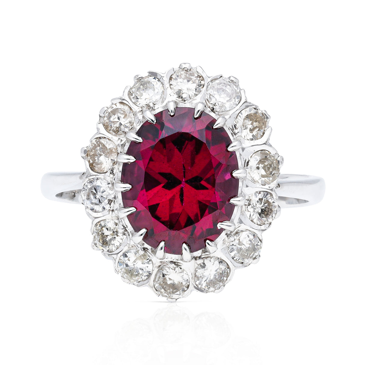 red tourmaline and diamond cluster ring, front view.