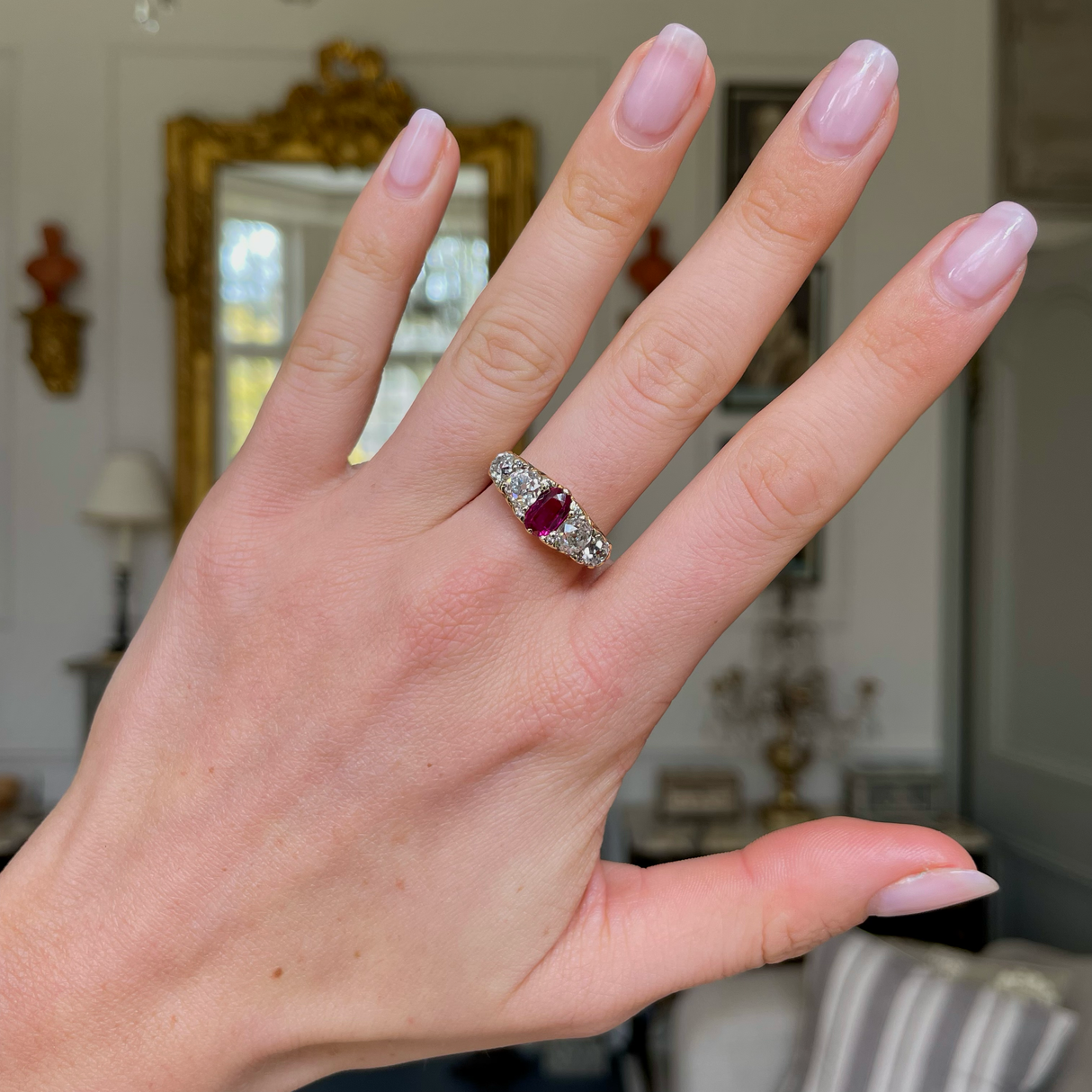 Victorian, oval-cut Burmese ruby & diamond five-stone engagement ring