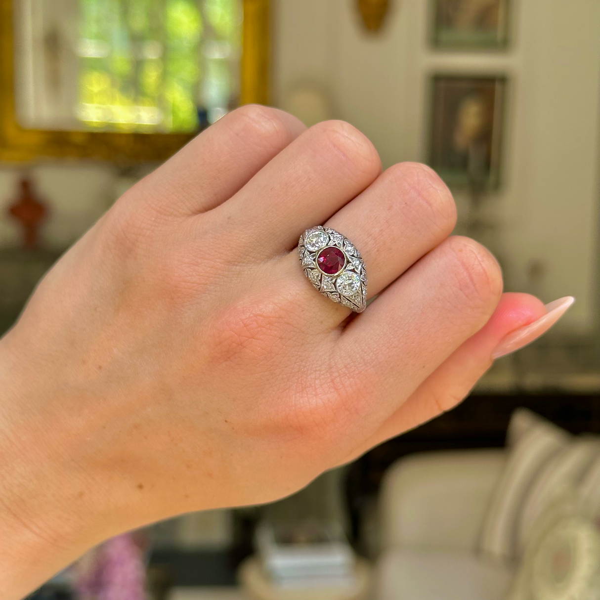 Antique | Belle Époque, platinum, ruby & diamond bombé ring