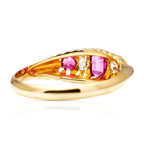 Antique, Edwardian Five Stone Ruby and Diamond Ring, 18ct Yellow Gold