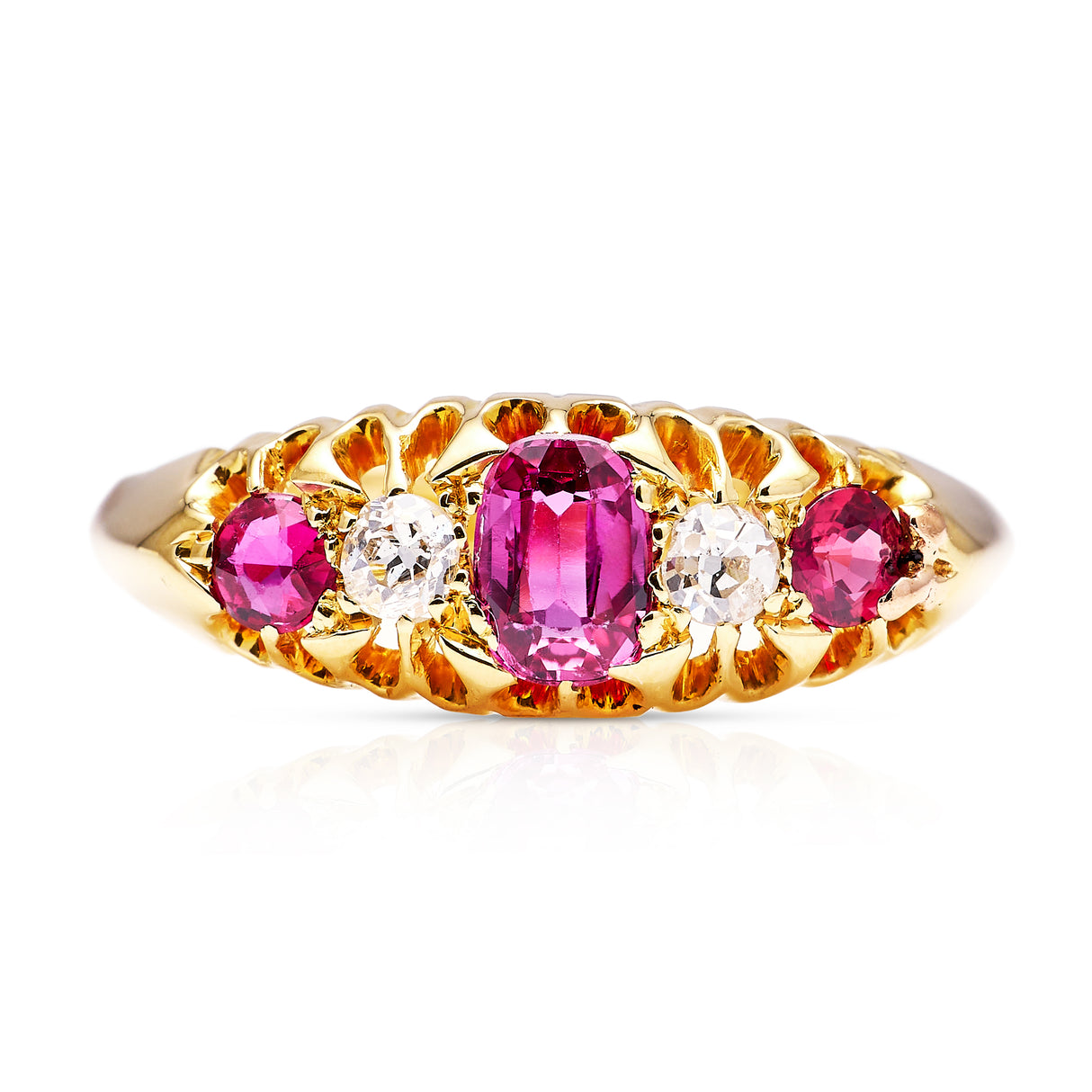 Antique, Edwardian five stone ruby and diamond ring