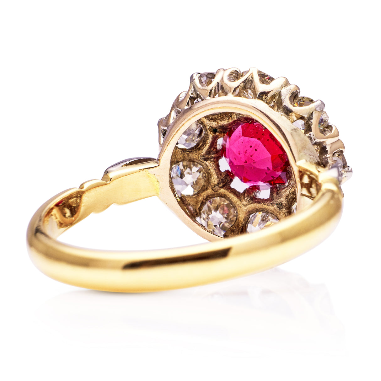 Vintage ruby and diamond cluster ring, rear view.