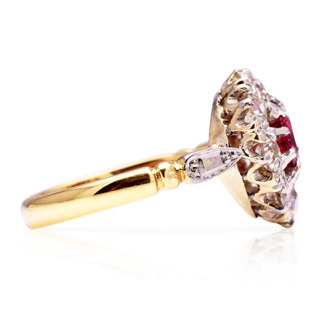 Vintage ruby and diamond cluster ring, side view. 