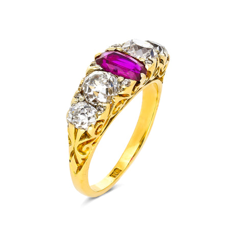 Victorian, Oval-Cut Burmese Ruby and Diamond Five Stone Engagement Ring, 18ct Yellow Gold