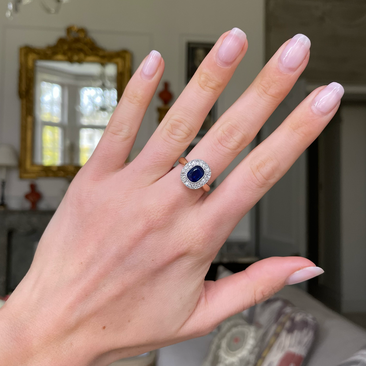 Antique royal blue sapphire & diamond cluster engagement ring
