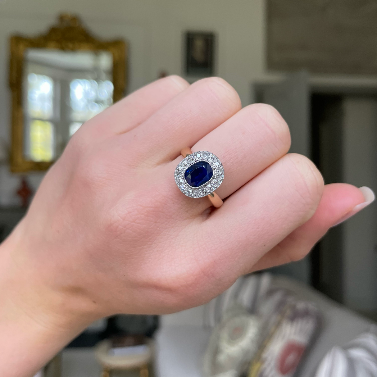 Antique royal blue sapphire & diamond cluster engagement ring