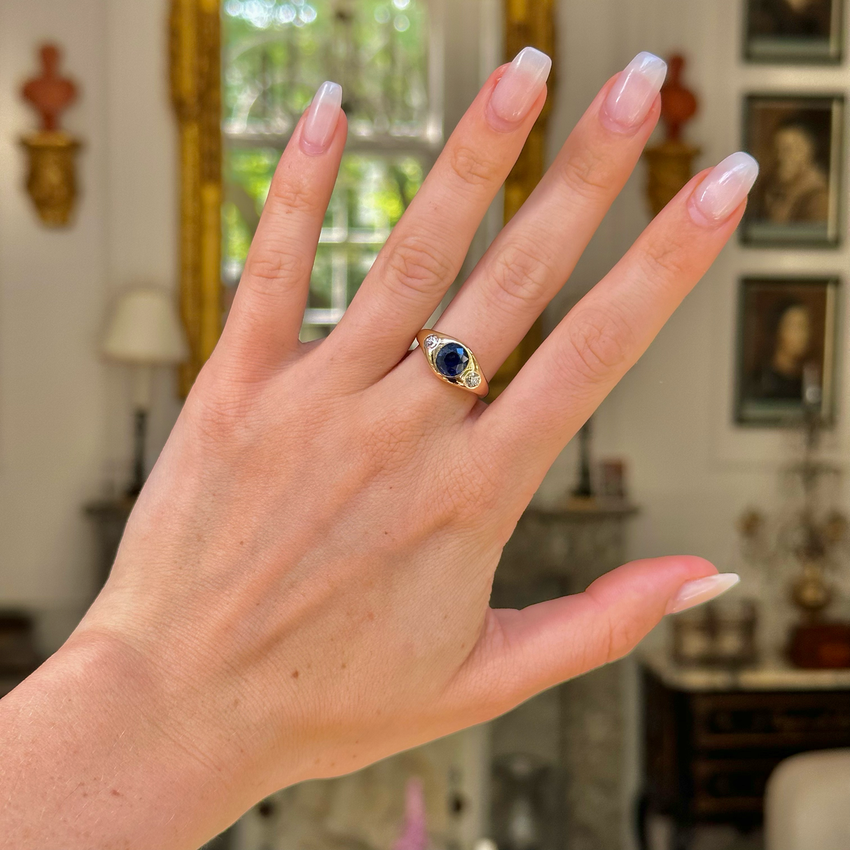 Vintage Burmese blue sapphire and diamond gypsy ring, 18ct yellow gold