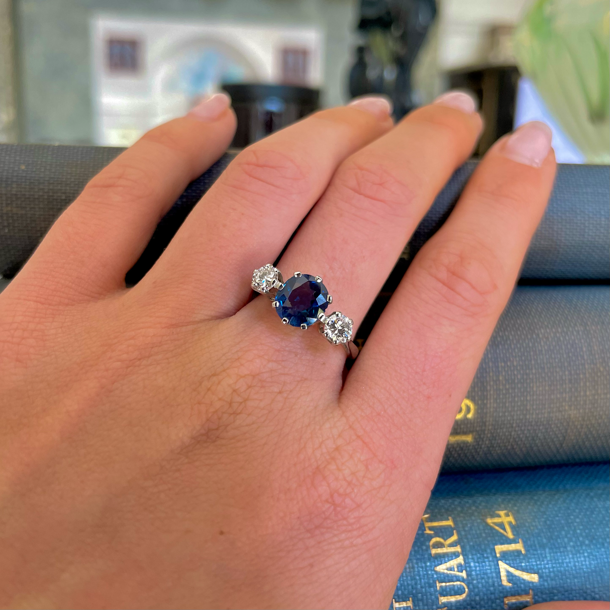 Burma blue sapphire & diamond three-stone engagement ring, platinum