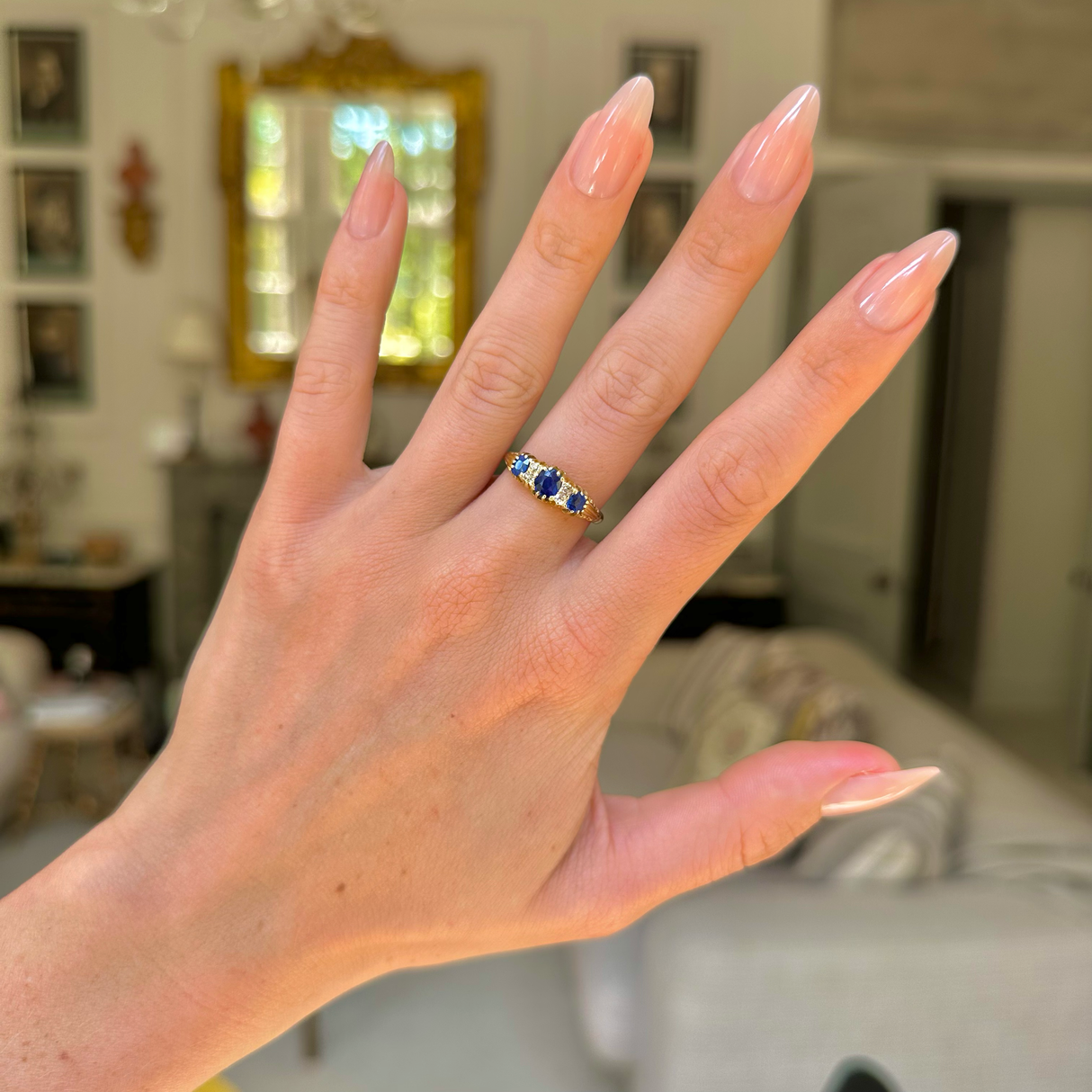 Antique sapphire and diamond half hoop engagement ring, 18ct yellow gold