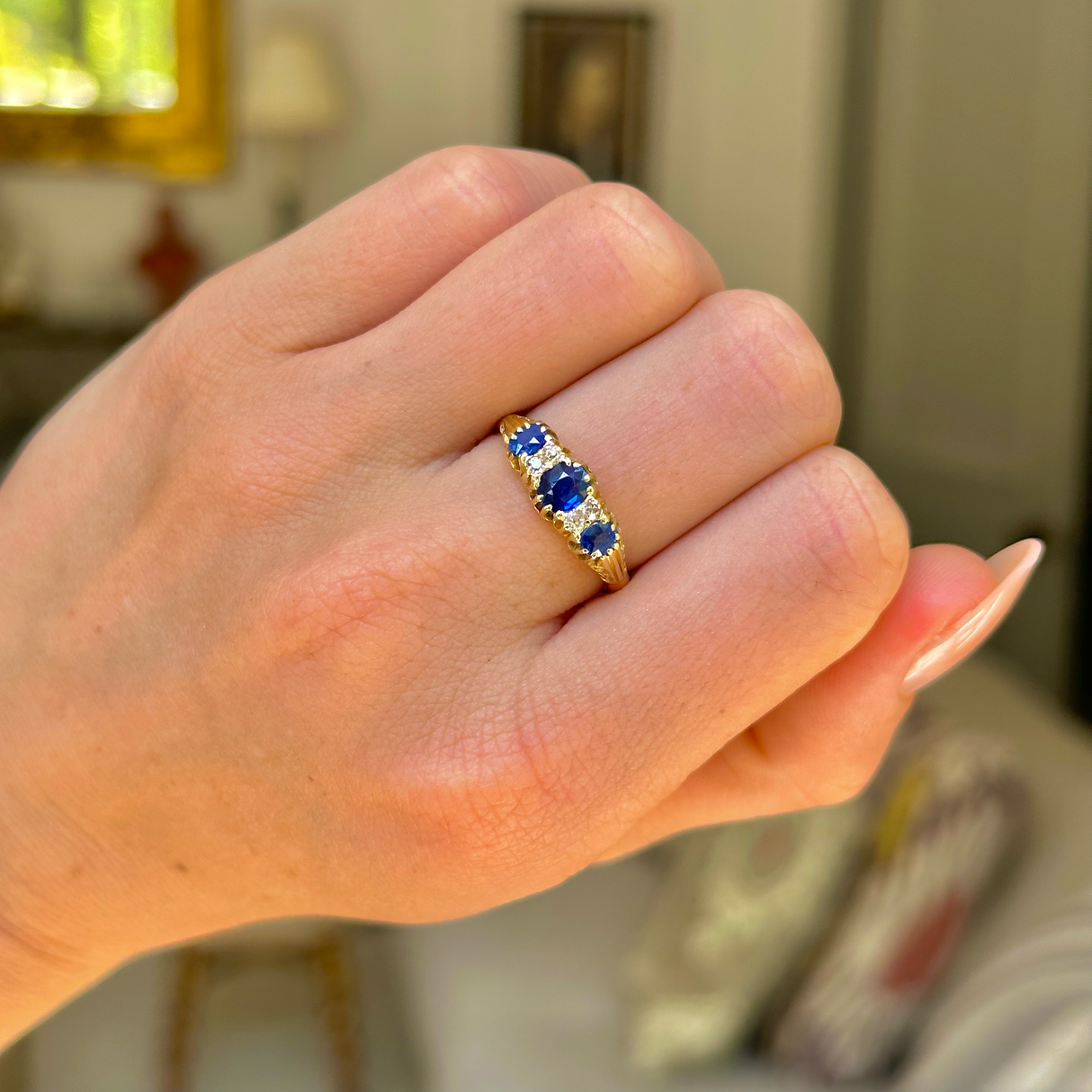 Antique sapphire and diamond half hoop engagement ring, 18ct yellow gold