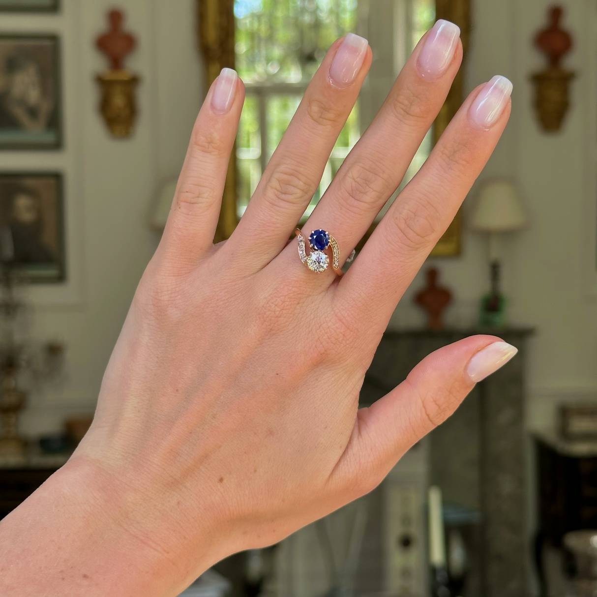 Sold | antique, Edwardian, sapphire and diamond toi et moi engagement ring, 14ct yellow gold