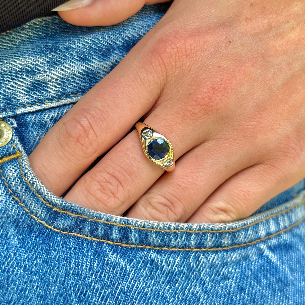 Vintage Burmese blue sapphire and diamond gypsy ring, 18ct yellow gold