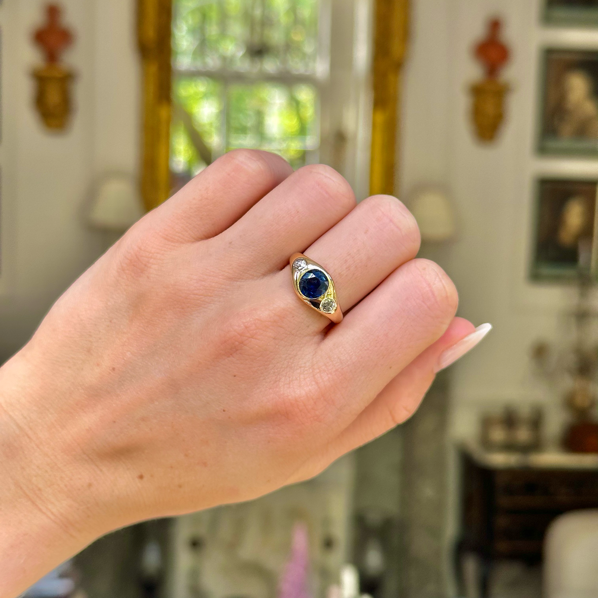 Vintage Burmese blue sapphire and diamond gypsy ring, 18ct yellow gold