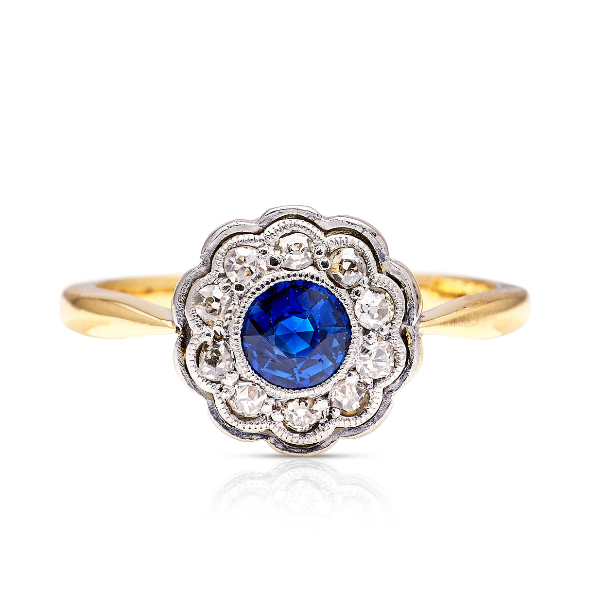Antique, Edwardian Sapphire and Diamond Cluster Ring, 18ct Yellow Gold and Platinum