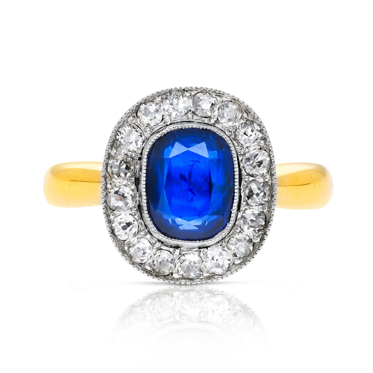 Antique royal blue sapphire & diamond cluster engagement ring