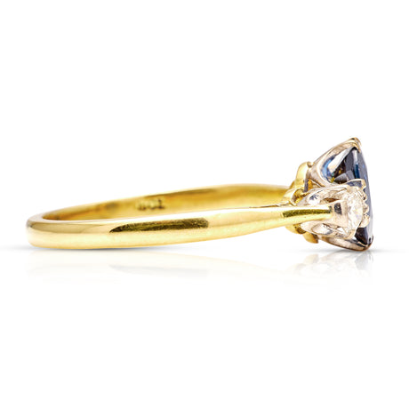 Vintage, Art Deco Sapphire and Diamond Three-Stone Ring, 18ct Yellow Gold and Platinum