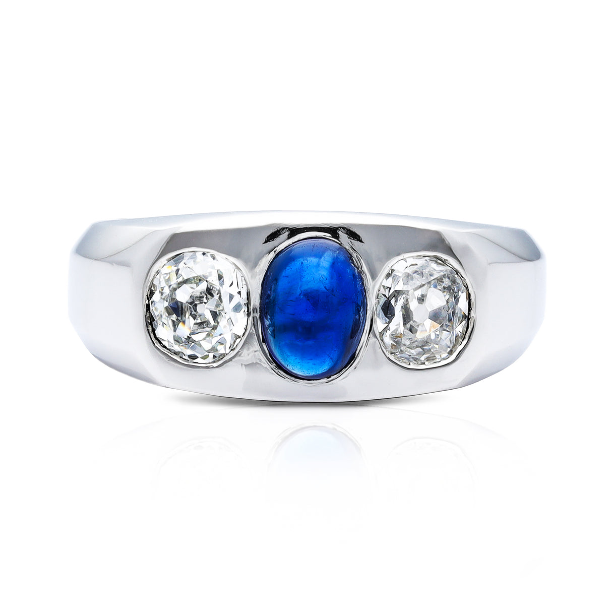 1920s cabochon sapphire and diamond three stone gypsy ring, platinum