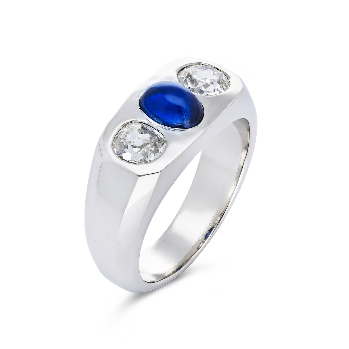 1920s cabochon sapphire and diamond three stone gypsy ring, platinum