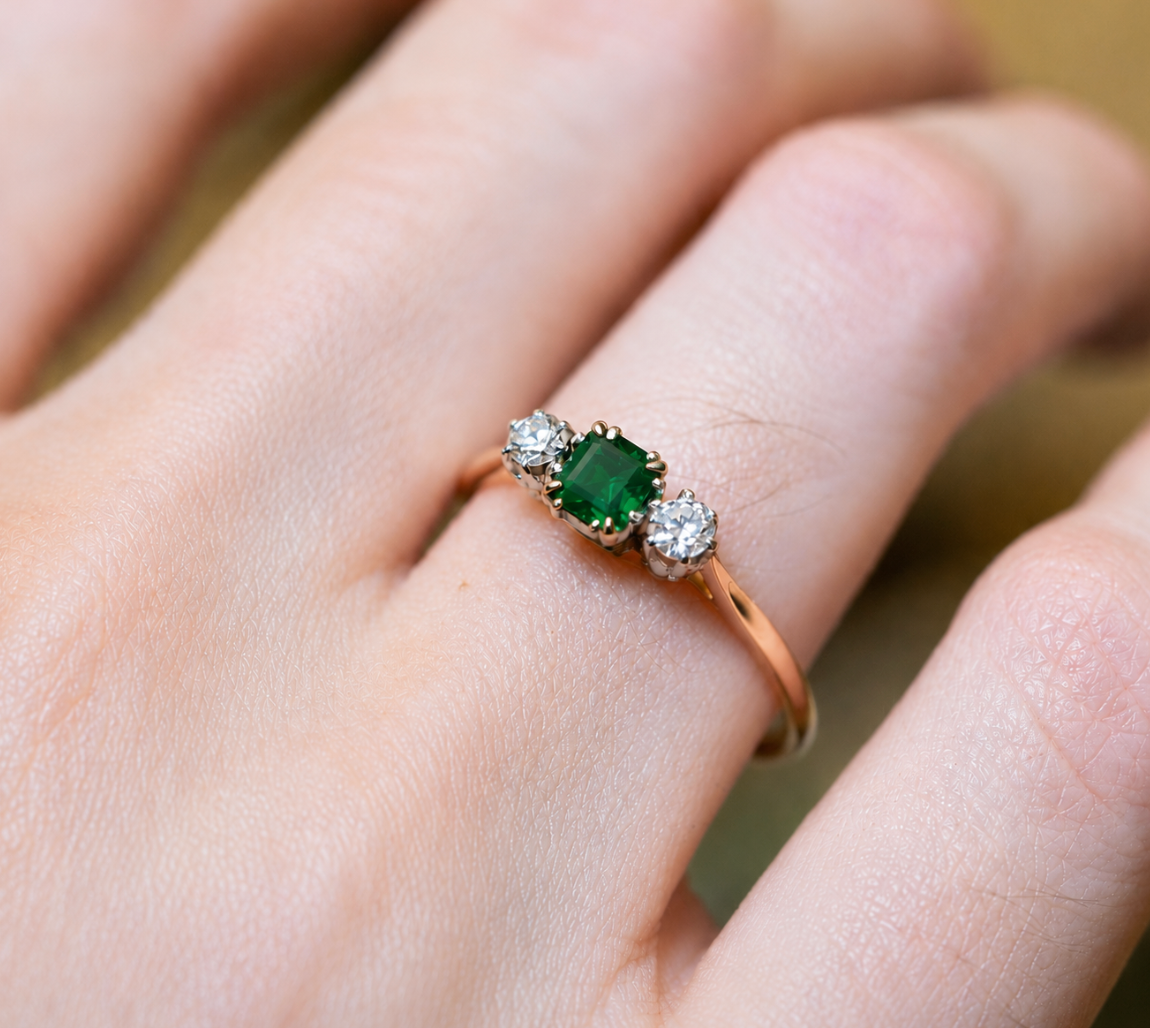 ON HOLD | Antique, 1920's emerald & diamond three-stone ring