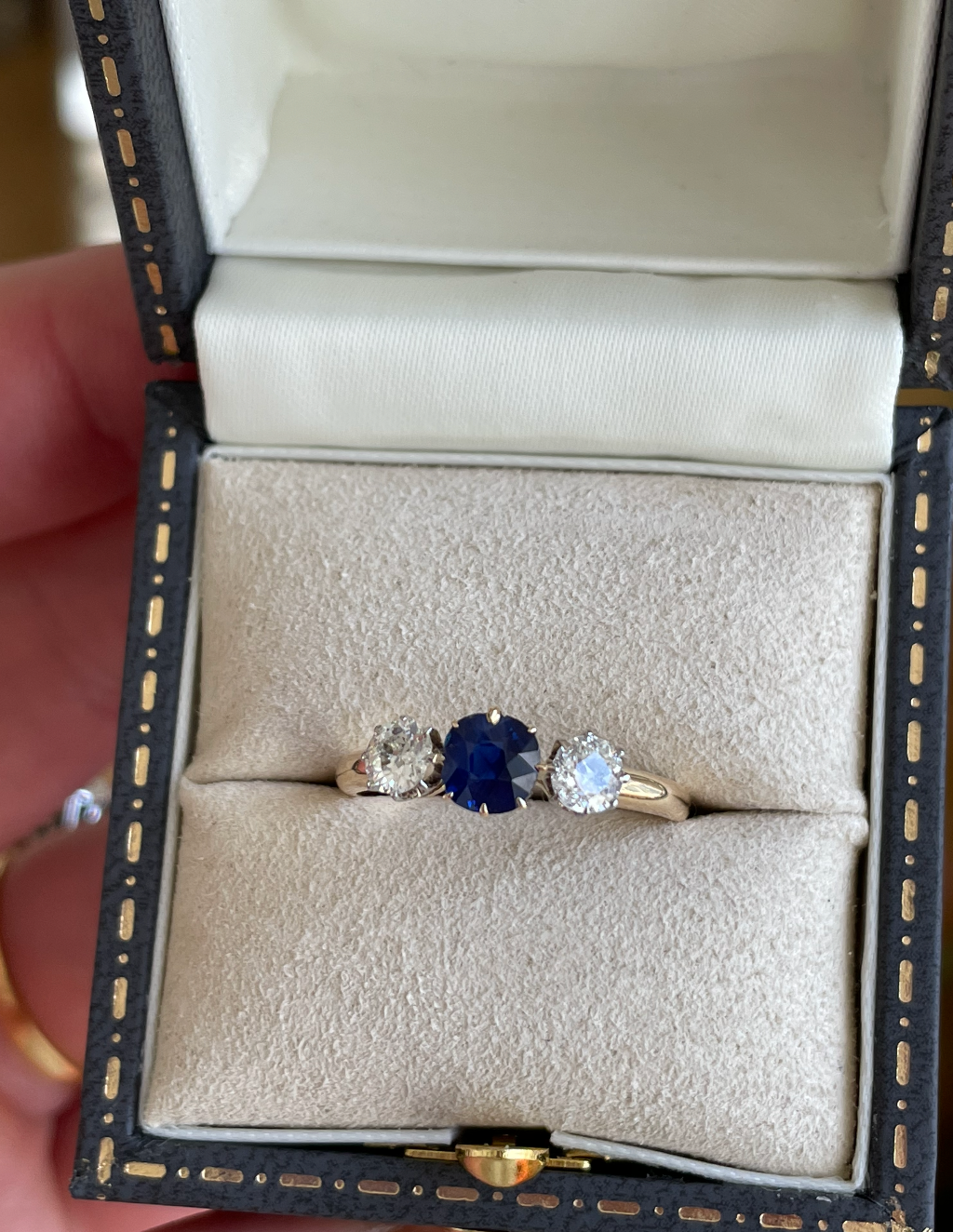 Antique, three-stone sapphire & diamond ring